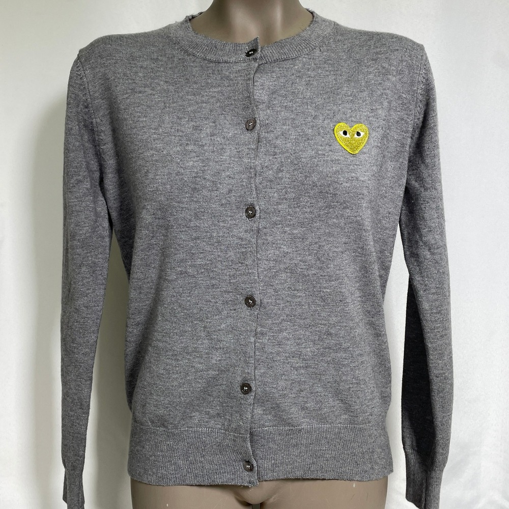 Play Comme des Garçons Yellow Embroidered Grey Wool Cardigan Sweater Women's XL